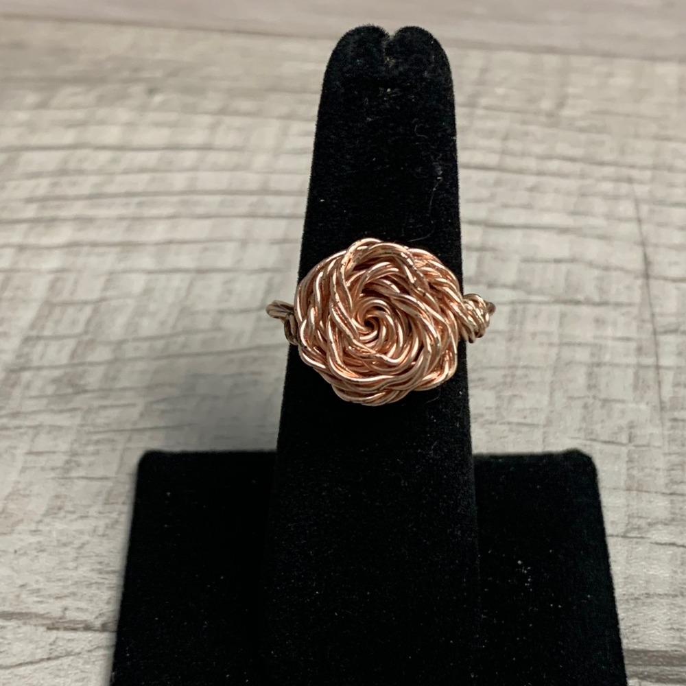 Handmade Copper Tone Wire Wrapped Rose Ring Boho Floral Twisted Band Size 6.5
